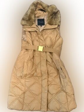 Talbots Camel Quilted Faux-Fur Collar Belted Puffer Vest